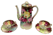 Antique Royal Nippon KINRAN Teapot Set 2 Footed Teacups Saucers Tri Color Roses picture