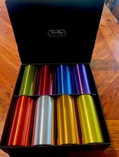 Vintage Perma Hues Spun Aluminum Tumblers MCM Rainbow Metal Cups Set of 8 Box picture