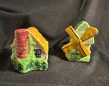 Vintage Japan Cottage Windmill Salt Pepper Shakers Ceramic 1950s Cork Stoppers picture