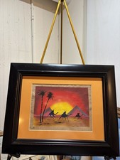 Vintage Original Egyptian Papyrus Painting Signed Camel Pyramids Egypt Framed picture