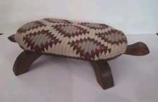 Vintage Carved Wooden Turtle Footstool Ottoman Geometric Fabric 20