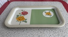 Vintage Mid Century Metal Rectangular Serving Tray Floral Rose Green Cream 14x9 picture