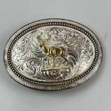 Montana Silversmiths Large Scalloped Silver Engraved Western Belt Buckle Deer picture