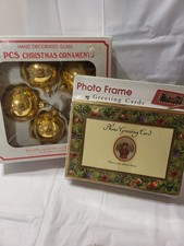  Vtg NOS christmas photo cards + 4 Vtg shiny gold ornaments w/ glitter stencil  picture