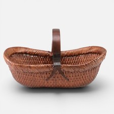 Antique Chinese Handwoven Wicker Gathering Basket Bentwood Handle 20.25