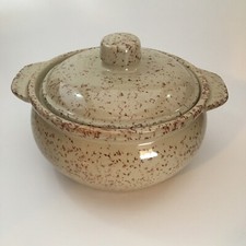 Maple City Pottery Bean Pot, Earthern Wear Crock, Monmouth Ill. Beige/Speckled picture