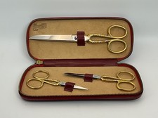 J.A. Henckels Matching Gold Gilt Handled Scissors Case Solingen Germany RARE VTG picture