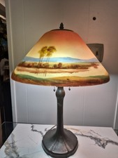 Antique Jefferson Reverse Painted Shade Brass Base Signed Handel Table Lamp picture