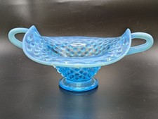Vintage Fenton Blue Opalescent Hobnail Two Handled Bon Bon Dish Trinket Bowl MCM picture