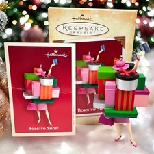 Vintage Y2K Hallmark “Born to Shop” Keepsake Ornament Woman w/ Gifts Retired picture