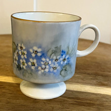 Vintage Hand Painted Floral Ceramic Pedestal Mug w/ Handle, Blue White Gold picture
