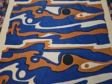 Vintage Blue Brown MCM Upholstery Fabric Psychedelic Mary Wolff Handprint Rare picture