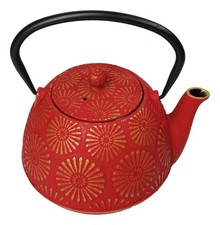Red Gold Kiku Chrysanthemum Floral Design Large Cast Iron Tetsubin Teapot 40oz picture