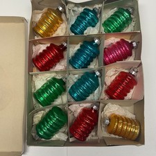 Vintage Set 12 Glass Lantern Beehive Christmas Ornaments Ribbed  MCM picture
