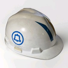 Vtg MSA Hard Hat White Blue Bell  Systems Logo Yellow Blue Stripe Safety Helmet picture