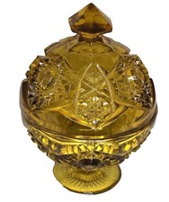 Vtg Amber Glass Covered Candy Compote Dish Early American Pressed Pattern 7.5” T picture