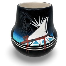 Navajo Pottery Vase Signed K. Adakai Hand Painted Teepee Mountain Scene 4in picture