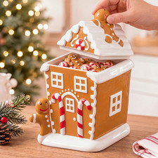 Yungyan Ceramic Christmas Gingerbread House Cookie Jar with Lid picture
