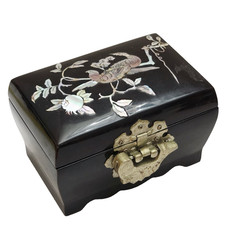 Vintage Black Lacquer Jewelry Box Mother of Pearl Bird Inlay Ornate Koi Clasp picture