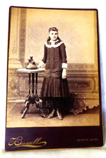 RARE 1878-90 Cabinet Card Girl Statue Table Drop Waist Fashion Bussell Quincy MA picture