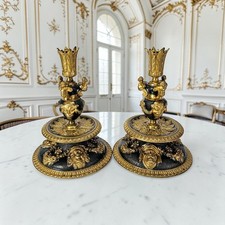 Antq Renaissance Revival Gilt Metal Lion Mask Candlesticks Pair Grotesques c1880 picture