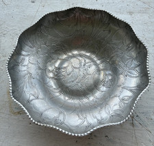 Vintage Hand Wrought Aluminum Serving Bowl Embossed Stamped Floral Design picture