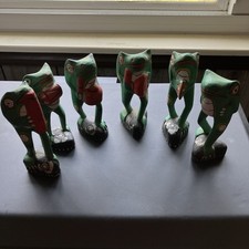 6 VINTAGE FOLK ART HAND CARVED WOOD Musician Frogs Instruments 6”Indonesia picture