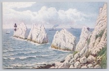 Postcard THE NEEDLES Lighthouse Sailboat Steam Ship WATER COLOUR picture
