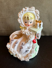 Vintage 1950s Ceramic Christmas Girl Figurine Planter, Hand Painted Glossy picture