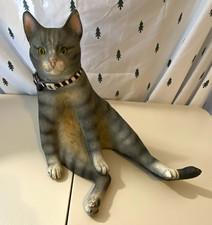 Large Gray Tabby Sitting Cat Figurine with Black & White Collar, Wood Decor picture