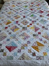 1920s Antique Patchwork Quilt 72” X 90” Scrappy Medallion Hand Quilted Twin/Full picture