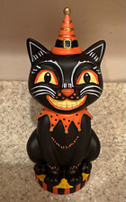 Festive Voice Vintage Halloween Black Cat Figurine 8 in Painted Resin Orange Hat picture