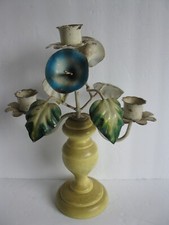 VINTAGE 3 HOLE TOLE WARE FLORAL CANDLE OPERA CANDLESTICK MORNING GLORY FLOWERS picture