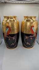 Exquisite Pair Bavaria Golden Pheasant Bird Matching Vases Pickard By Merklin(2) picture