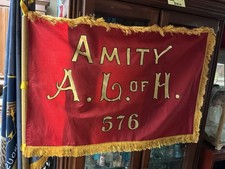 Rare Antique 1900s A.L.of H. Fraternal Silk Flag And Pole With Eagle Amity 576. picture