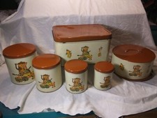 Vintage Decoware Tin Canister Set of 4 plus Breadbox & Cake Carrier picture