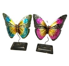 Set of 2 Blue Pink Butterfly Metal Tin Figurine Figure Spring Easter Home Decor picture