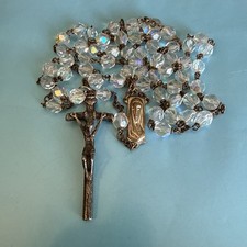 Vintage Italian Clear Faceted Aurora Borealis Crystal Beads Cross Rosary Italy picture