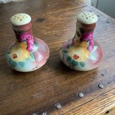 Hand Painted Floral S & P Shakers 1890s-1920s, Bulbous Body Narrowing Top VGUC. picture