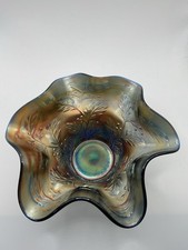 Vintage Fenton Holly Carnival Glass Hat Vase Blue Base Ruffled Edge picture