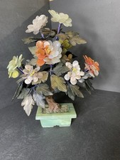 Vtg Chinese Hade Jadeite Bonsai Tree Hardstone Plant Rose Quartz Decor 14” Tall picture