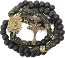 Antique Bronze Black Beads Paracord Rosary Necklace St. Michael Medal Chaplet picture