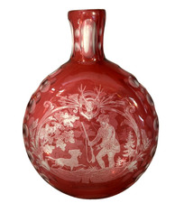VICTORIAN CRANBERRY GLASS CUT TO CLEAR FLASK WITH HUNTING SCENE picture