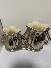 Vintage 1950s Pearl China Co Attached Vases Platinum Rose 22KT picture