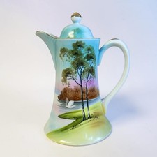 Vintage Hand painted Fine Bone Porcelain Coffee Teapot And 6 Demitasse Cups picture