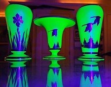 Set Of 3 Tiffin Uranium Green Satin Glass Rockwell Vases with Silver Overlay  picture