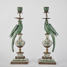 Pair: Green, White Porcelain Parrot Candle Holders. Bronze. Hand Painted- 18.5”H picture