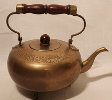 Vintage Small Brass Tea Kettle Wood Handle Footed Lid & Engraving Hand Crafted picture