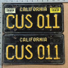 1966 California license plate pair CUS 011 YOM DMV Ford Chevy Dodge 24514 picture