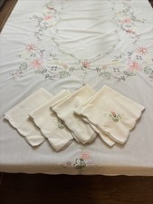 VTG Embroidered Tablecloth & 8 Napkins Cream  Cotton 64x80” Cottage Core Scallop picture